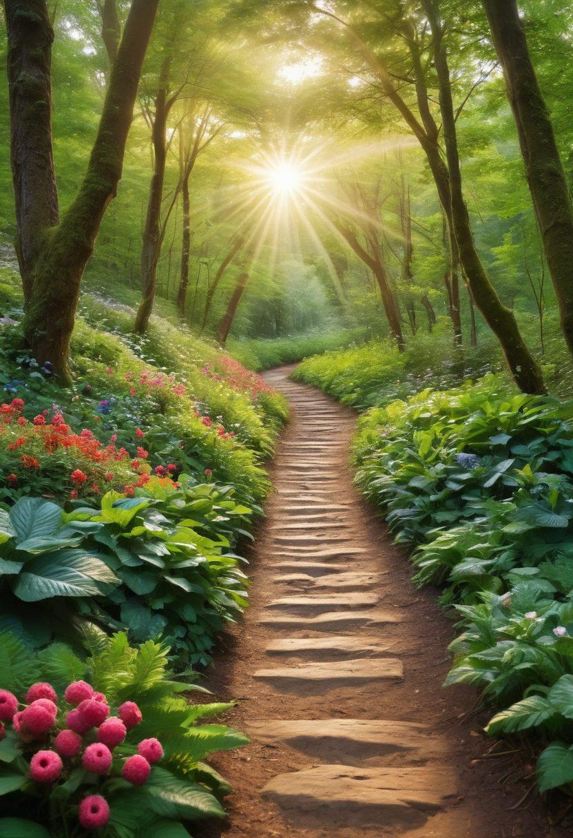 A serene pathway winding through a lush green forest, symbolizing the journey of cancer survivors, with rays of sunlight breaking through the trees. Alongside the path, vibrant flowers represent hope and resilience, while close-up images of cancer-fighting foods like berries and leafy greens are scattered subtly in the foreground. Integrate supportive symbols like hands clasped together or a warm embrace in the background. super-realistic. vibrant colors. peaceful atmosphere.