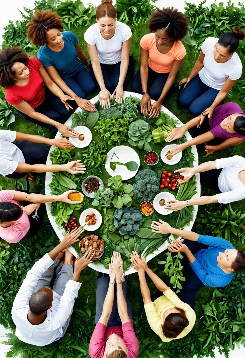 A diverse group of people engaging in various healthy activities such as yoga, cooking nutritious meals, and participating in community support groups. Vibrant greenery surrounds them, symbolizing hope and regeneration. Include subtle elements representing cancer awareness, like ribbons and healthy foods. The atmosphere should evoke strength and unity in the face of adversity. super-realistic. vibrant colors. white background.
