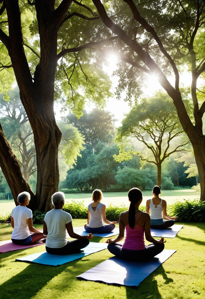 An inspiring and serene scene depicting a diverse group of people engaging in various holistic wellness activities such as yoga, meditation, and nutrition workshops in a lush, green park setting. The image should convey a sense of community and support with soft sunlight filtering through the trees, showcasing individuals of different ages and backgrounds coming together. Include visual elements like wellness tools (e.g., yoga mats, herbal teas) and natural surroundings to highlight the connection to nature. super-realistic. vibrant colors. peaceful atmosphere.